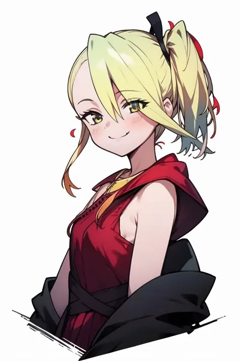 <lora:polca:1>,Blonde hair,side ponytail,red sleeveless dress(masterpiece, top quality, best quality, official art, beautiful and aesthetic:1.3),white background,evil smile, <lora:darklight:0.5>,darklight