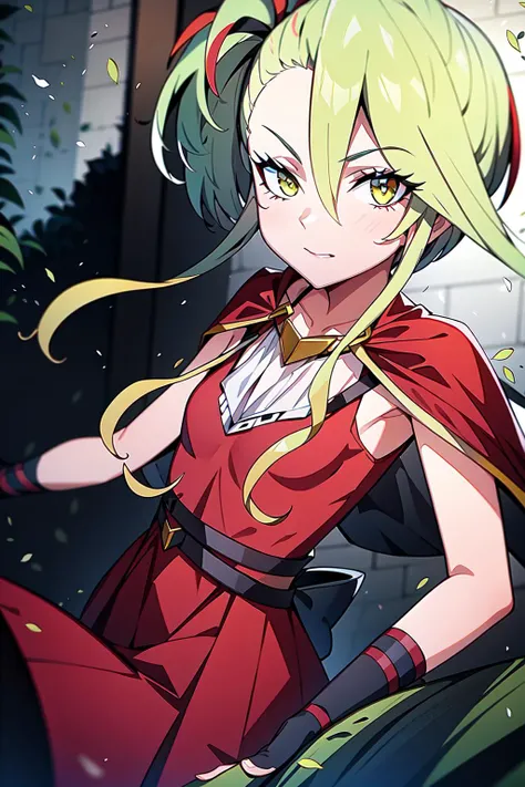 absurdres, best quality, 1girl, solo, looking at viewer, eye focus, <lora:polca-000012:1>, red dress, red cape, <lyco:GoodHands-beta2:1.0>