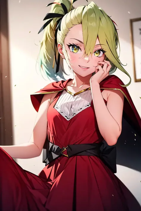 absurdres, best quality, 1girl, solo, looking at viewer, eye focus, <lora:polca-000012:1>, red dress, red cape, <lyco:GoodHands-beta2:1.0>