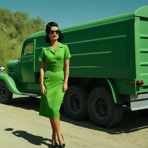 UHD, 4k, ultra detailed, cinematic, a photograph of <lora:Retro Fashion style:1>
a woman in a green dress standing in front of a green truck retro style,solo,black hair,1boy,standing,full body,male focus,outdoors,sky,day,high heels,sunglasses,ground vehicle,motor vehicle,realistic,car , model, modeling, retro, fashion, vintage, classic, 1950's, 1940's 1960's, different, colorful, different hair style, vivid, film noise, film grain, filmic, perfect, perfection, detailed, contrast, deep color, saturation, fashionista, retro fashion style, epic, beautiful lighting, inpsiring