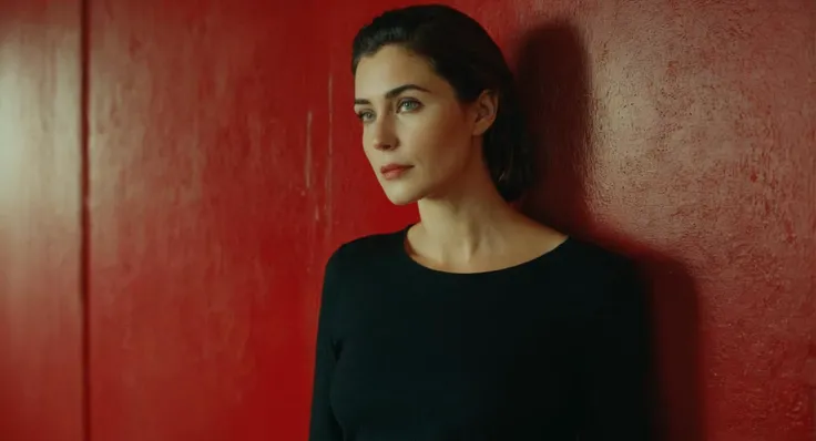 cinematic film still of <lora:Retro:1> Grainy Cinematic Film stock footage in (arri alexa style) Kodak film print, a woman standing against a red wall wearing a black shirt retro style, shallow depth of field, vignette, highly detailed, high budget, bokeh, cinemascope, moody, epic, gorgeous, film grain, grainy