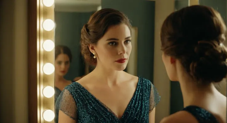 cinematic film still of <lora:Retro:1> Grainy Cinematic Film stock footage in (arri alexa style) Kodak film print, a woman in a dress looking at herself in a mirror retro style, shallow depth of field, vignette, highly detailed, high budget, bokeh, cinemascope, moody, epic, gorgeous, film grain, grainy