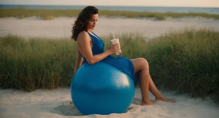 cinematic film still of <lora:Retro:1> Grainy Cinematic Film stock footage in (arri alexa style) Kodak film print, a woman in a blue dress sitting on a beach ball retro style, shallow depth of field, vignette, highly detailed, high budget, bokeh, cinemascope, moody, epic, gorgeous, film grain, grainy