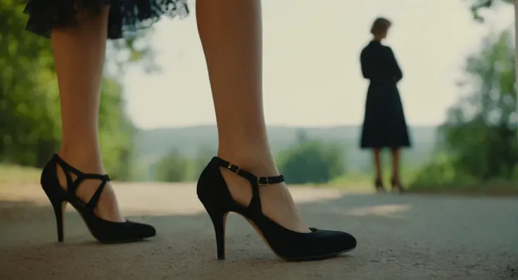 cinematic film still of <lora:Retro:1> Grainy Cinematic Film stock footage in (arri alexa style) Kodak film print, a woman in a dress and heels is posing retro style, shallow depth of field, vignette, highly detailed, high budget, bokeh, cinemascope, moody, epic, gorgeous, film grain, grainy