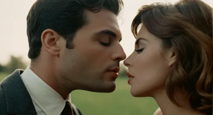 cinematic film still of <lora:Retro:1> Grainy Cinematic Film stock footage in (arri alexa style) Kodak film print, a man and woman kissing each other in a scene retro style, shallow depth of field, vignette, highly detailed, high budget, bokeh, cinemascope, moody, epic, gorgeous, film grain, grainy