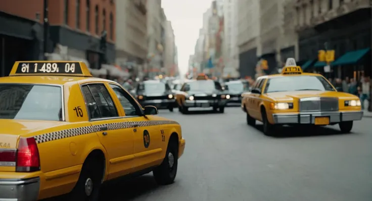 cinematic film still of <lora:Retro:1> Grainy Cinematic Film stock footage in (arri alexa style) Kodak film print, a yellow taxi cab driving down a busy city street retro style, shallow depth of field, vignette, highly detailed, high budget, bokeh, cinemascope, moody, epic, gorgeous, film grain, grainy