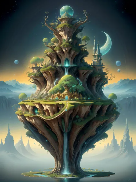 A breathtaking and surreal landscape inspired by dreams and imagination. The scene should depict floating islands, cascading waterfalls, and vibrant flora that defy the laws of gravity. The colors should be rich and vibrant, with a touch of otherworldly glow. This artwork invites viewers to escape reality and explore a realm of wonder and magic. It is perfect for wall art, album covers, and advertisements that seek to captivate the imagination. Illustrated by Hieronymus Bosch and Roger Dean.