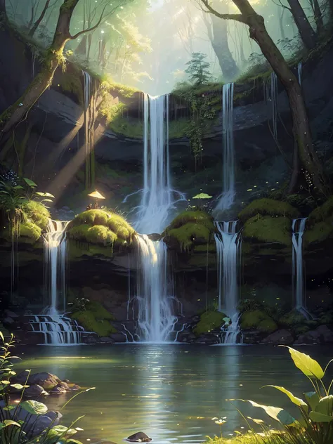 A serene and tranquil illustration of a serene waterfall nestled within a lush, verdant forest. The water should cascade gracefully down moss-covered rocks, surrounded by vibrant flora and peaceful wildlife. This artwork evokes a sense of serenity and is perfect for nature-themed wall art, relaxation products, and eco-friendly advertisements. Illustrated by Thomas Kinkade and Marjolein Bastin.