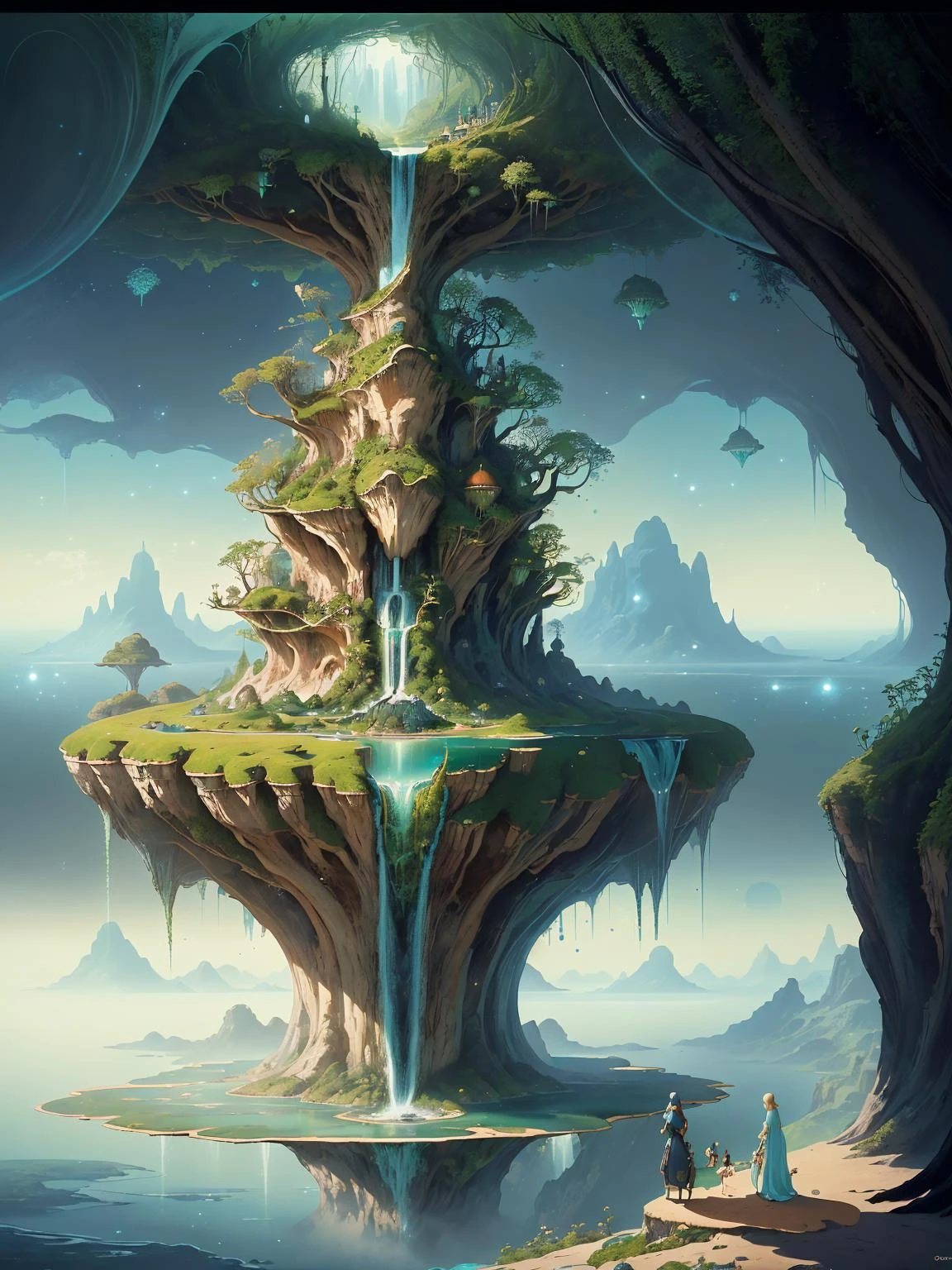 A breathtaking and surreal landscape inspired by dreams and imagination. The scene should depict floating islands, cascading waterfalls, and vibrant flora that defy the laws of gravity. This artwork invites viewers to escape reality and explore a realm of wonder and magic. It is perfect for wall art, album covers, and advertisements that seek to captivate the imagination. Illustrated by Hieronymus Bosch and Roger Dean. Surreal landscape, floating islands, cascading waterfalls, vibrant flora, otherworldly atmosphere.