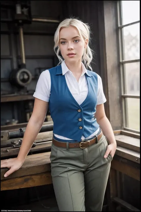 photo of M34gh4nSt4nf1ll_HM-135, a woman, perfect hair, (modern photo), wearing blue polo shirt, khaki pants, light blue vest, 50mm short telephoto (analog, cinematic, film grain:1.3), Steampunk Workshop, Victorian workshop with gears, steam machinery, brass fittings, and eccentric inventors., detailed eyes, professional pose, (epiCPhoto), (looking at viewer:1.1), (cinematic shot:1.3), (butterfly style lighting), OverallDetail