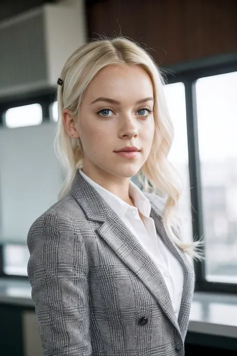 photo of M34gh4nSt4nf1ll_HM-135, a woman, perfect hair, (modern photo), wearing blazer, button-up, slacks, 35mm medium telephoto (analog, cinematic, film grain:1.3), Genetic Lab, Cutting-edge lab with DNA manipulation, incubation chambers, and genetically modified organisms., detailed eyes, professional pose, (epiCPhoto), (looking at viewer:1.1), (cinematic shot:1.3), (natural style lighting), OverallDetail
