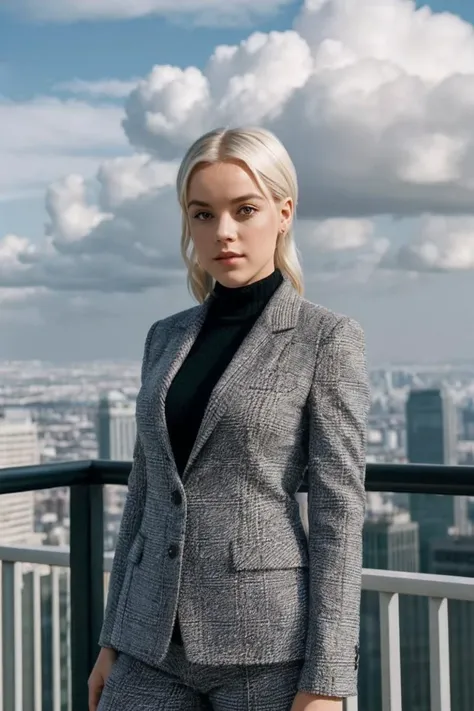 photo of M34gh4nSt4nf1ll_HM-135, a woman, perfect hair, (modern photo), wearing blazer, button-up, slacks, 50mm short telephoto (analog, cinematic, film grain:1.3), Cloud City, City suspended in a gas giant's clouds offering atmospheric views., detailed eyes, professional pose, (epiCPhoto), (looking at viewer:1.1), (cinematic shot:1.3), (loop style lighting), OverallDetail
