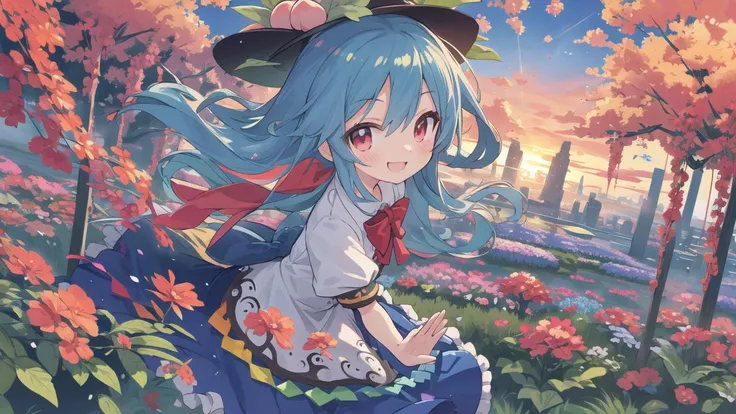 8k detail wallpaper,wallpaper,official art,
1girl, (full body:0.8),(close up face:1.1),Fantastic,dramatic angle,Fantastic angle,(dynamic angle:1.2),drastic angle,dynamic pose,drastic pose,
black headwear, blue hair, blue skirt, long skirt,blue sky, bow, bowtie, cloud, cloudy sky, cowboy shot, day, floating island,  frills,  grass, hat,( hinanawi tenshi), leaf, long hair, looking at viewer,  peach, puffy short sleeves, puffy sleeves, red bow, red bowtie, red eyes, short sleeves, skirt, sky, (solo:1.2), standing, very long hair,shirt,
(skirt billowing dramatically:1.1),very long skirt, very large skirt,kawaii face,childish face, ultra kawaii face,
<lora:tenshihinanawi:1>
hairs between eyes,young girl,Facing the lens,colorful,scenery,happy,[lover's:friendly:0.4] smile,extremely detailed eyes,happy face,innocent  face,very cute face,anime eyes,flushed cheeks,ultra quality,13 years old,
floating island,firmament,mythology,floating garden in the sky,city floating in the clouds,
ancient ruins floating in the sky, lush floating garden, colorful flowers and exotic plants, small waterfalls, sky at sunset, orange, pink, purple hues, serene utopian atmosphere, harmony between nature and  ancient city,
(close mouth),
Utopia,Shangri-La,Arcadia,Eden,
best quality,ultra-detailed,masterpiece,
<lora:nekotoufu_style_v1-000020:0.14>
<lora:Prima doll retzel :0.04> <lora:style_tenshi2-000006:0.06> <lora:AmairoChocola:0.03>,