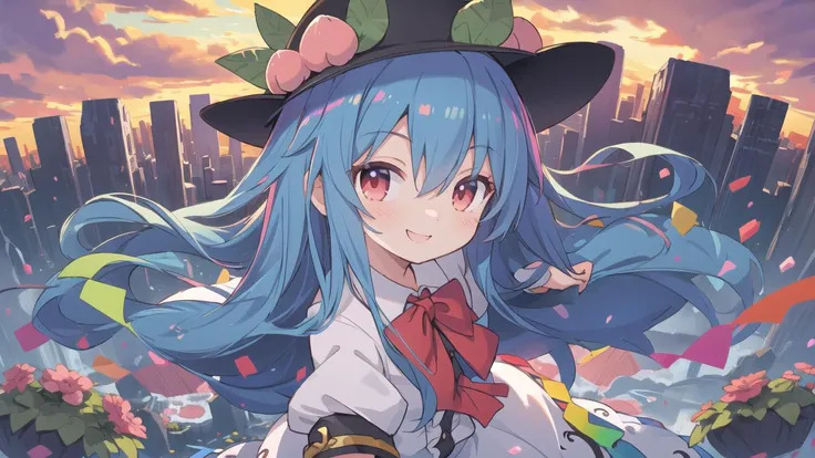8k detail wallpaper,wallpaper,official art,
1girl, (full body:0.8),(close up face:1.1),Fantastic,dramatic angle,Fantastic angle,(dynamic angle:1.2),drastic angle,dynamic pose,drastic pose,
black headwear, blue hair, blue skirt, long skirt,blue sky, bow, bowtie, cloud, cloudy sky, cowboy shot, day, floating island,  frills,  grass, hat,( hinanawi tenshi), leaf, long hair, looking at viewer,  peach, puffy short sleeves, puffy sleeves, red bow, red bowtie, red eyes, short sleeves, skirt, sky, (solo:1.2), standing, very long hair,shirt,
(skirt billowing dramatically:1.1),very long skirt, very large skirt,kawaii face,childish face, ultra kawaii face,
<lora:tenshihinanawi:1>
hairs between eyes,young girl,Facing the lens,colorful,scenery,happy,[lover's:friendly:0.4] smile,extremely detailed eyes,happy face,innocent  face,very cute face,anime eyes,flushed cheeks,ultra quality,13 years old,
floating island,firmament,mythology,floating garden in the sky,city floating in the clouds,
ancient ruins floating in the sky, lush floating garden, colorful flowers and exotic plants, small waterfalls, sky at sunset, orange, pink, purple hues, serene utopian atmosphere, harmony between nature and  ancient city,
(close mouth),
Utopia,Shangri-La,Arcadia,Eden,
best quality,ultra-detailed,masterpiece,
<lora:nekotoufu_style_v1-000020:0.14>
<lora:Prima doll retzel :0.04> <lora:style_tenshi2-000006:0.06> <lora:AmairoChocola:0.03>,