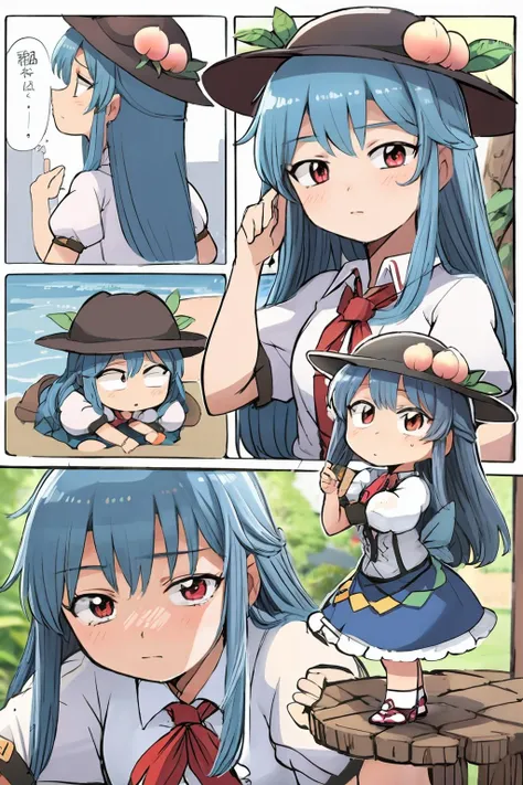 masterpiece, best quality, <lora:tenshihinanawi:1>, <lora:style05:1>,multiple girls, multiple views, comic,border,koma,(chibi:1.4),hinanawi tenshi, hat,peach,blue hair,long hair,red eyes,bow,shirt,skirt,short sleeves,