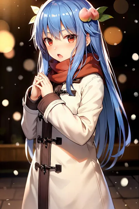 masterpiece, best quality,  <lora:tenshihinanawi:1>,1girl, hinanawi tenshi, long hair, solo, blue hair, red scarf, scarf, red eyes, hair ornament, looking at viewer, upper body, peach, coat, open mouth, long sleeves, fruit, alternate costume, food-themed hair ornament, hair between eyes, food, blush, breath, very long hair, own hands together, :o, white coat, blurry, bangs, no headwear, bokeh, winter clothes, hands up, duffel coat, leaf, blurry background, sleeves past wrists, winter coat, brown coat, enpera, contemporary, depth of field, border, steepled fingers, snowing, outside border