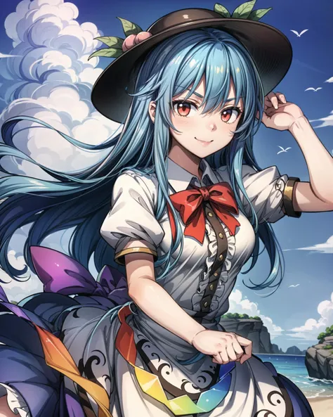 <lora:tenshihinanawi:0.85>,1girl, hinanawi tenshi, solo, long hair, hat, sword of hisou, blue hair, red eyes, peach, food, fruit, looking at viewer, weapon, bow, sword, sky, cloud, keystone, short sleeves, skirt, puffy sleeves, shirt, breasts, rope, shimenawa, puffy short sleeves, day, medium breasts, leaf, bowtie, rock, frills,smile,<lora:add_detail:1>, masterpiece, best quality, perfect composition