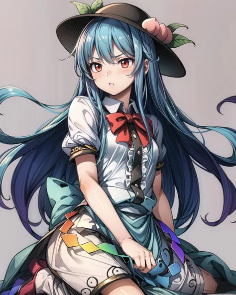 <lora:tenshihinanawi:0.85>,1girl,hinanawi tenshi, hat,peach,blue hair,long hair,red eyes,bow,short sleeves,shirt,skirt,grey background,<lora:add_detail:1>, masterpiece, best quality, perfect composition