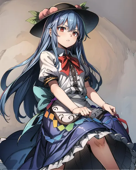 <lora:tenshihinanawi:1>,1girl,hinanawi tenshi, hat,peach,blue hair,long hair,red eyes,bow,short sleeves,shirt,skirt,grey background,<lora:add_detail:1>, masterpiece, best quality, perfect composition