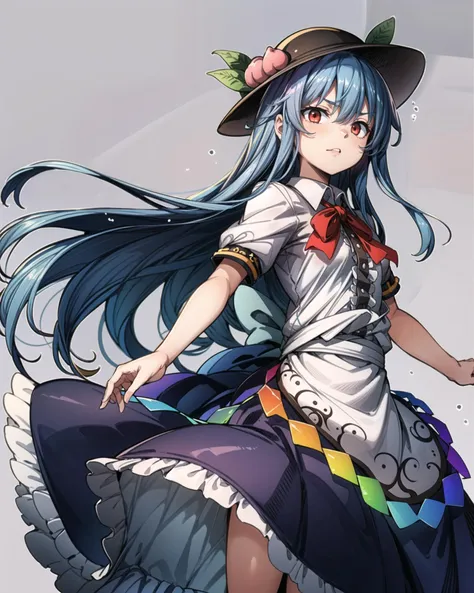 <lora:tenshihinanawi:1>,1girl,hinanawi tenshi, hat,peach,blue hair,long hair,red eyes,bow,short sleeves,shirt,skirt,grey background,<lora:add_detail:1>, masterpiece, best quality, perfect composition