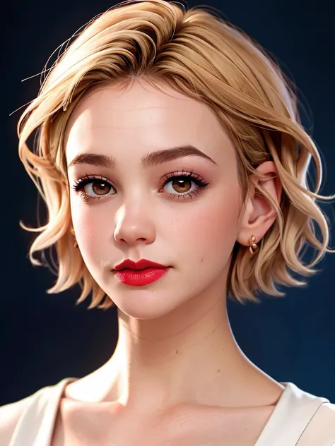 Realistic photo of a beautiful c4r3ym woman,1girl,solo,looking at viewer,short hair,blonde hair,brown eyes,jewelry,closed mouth,collarbone,earrings,mole,lips,makeup,blue background,lipstick,portrait,realistic,red lips,mole on cheek, soft lighting, professional Photography, Photorealistic, detailed, RAW, analog, sharp focus, 8k, HD, high quality, masterpiece<lora:c4r3ym:1.0>