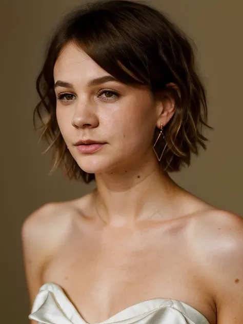 Realistic photo of a beautiful c4r3ym woman,1girl,solo,looking at viewer,short hair,blonde hair,simple background,dress,bare shoulders,brown eyes,jewelry,closed mouth,earrings,sleeveless,mole,lips,sleeveless dress,freckles,brown background,realistic,nose, soft lighting, professional Photography, Photorealistic, detailed, RAW, analog, sharp focus, 8k, HD, high quality, masterpiece<lora:c4r3ym:1.0>