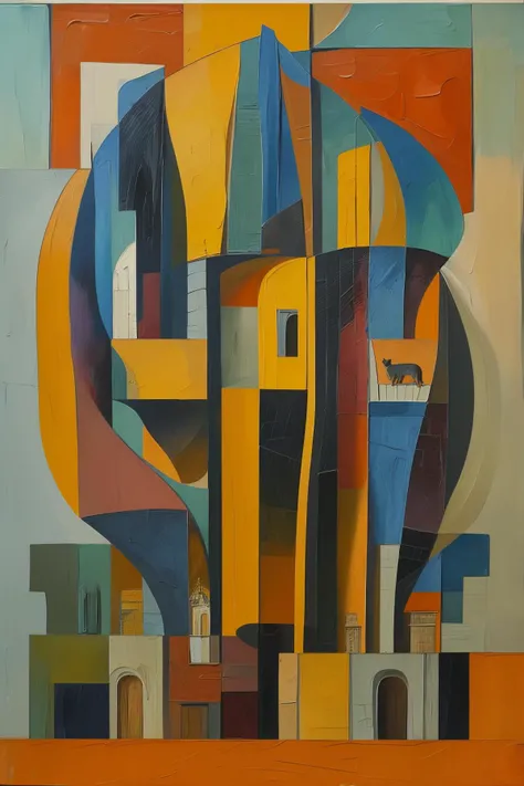 masterpiece,best quality,oil painting,principles of Cubism to architecture,cat,<lora:tbh109-:0.9>,style of Alexander Archipenko,