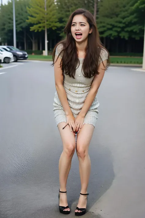 urgetopee, <lora:urgetopee_v1d:0.65>, a woman with beautiful dress, beautiful face , photo realistic, best quality,  full body, street, solo, ultra detailed face, mouth open, scared