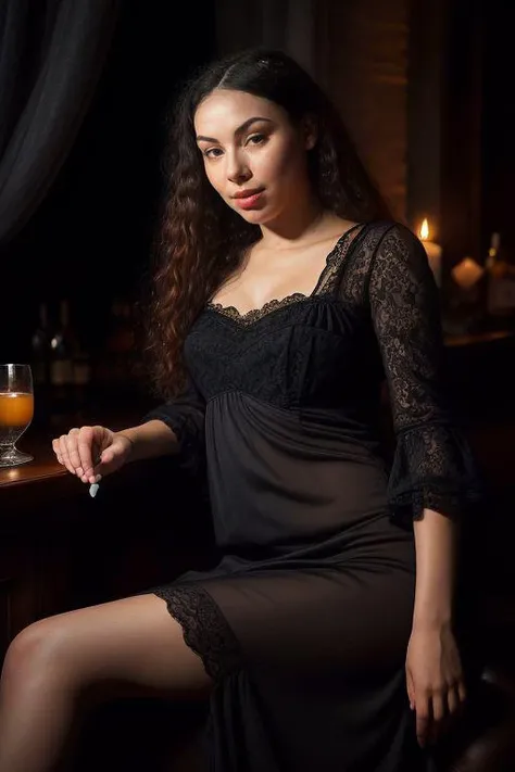 DEN_sarahecmilla_steamgirl,
(sitting in a smoky bar drinking a glass of wine wearing a cocktail dress smoking a cigarette, lowlighting, atmospheric, candle light, smoking, cigarette, nightie, evening, bar at night, smoke:1.2),
bokeh, f1.4, 40mm, photorealistic, raw, 8k, textured skin, skin pores, intricate details <lora:epi_noiseoffset2:1>, epiCRealism <lora:ClothingAdjuster3:-1>