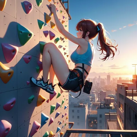 high quality,HD,16k,sharp lines,1 girl,Female sport climbing athlete ,cute face, large breasts, nice legs,At the sport climbing venue,focus girl,detailed beautiful face,detailed clothes,beautiful eyes,cool,dynamic angle