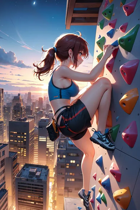 (((masterpiece))), (((best quality))), (((from behind))), ((full body))), (((rooftop deck))), (((rooftop bouldering))), ((hands on wall)), ((sneakers on wall)), ((raise head)), ((sweat)), ((fluttering hair)), ((crop top)), holster, building, skyscraper, cityscape, clouds, sky, high sky, ((night)), solo, 1girl, open mouth, cleavage, big tits, auburn hair, ponytail, ribbon, shy, blush, slim figure, <lora:girllikerooftopbouldering:0.8>