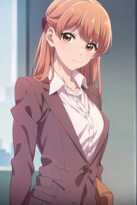 narumimomose, <lora:narumimomose-lora-nochekaiser:1>,
narumi momose, long hair, (brown eyes:1.2),
BREAK skirt, shirt, jacket, formal, suit, pencil skirt, office lady, skirt suit,
BREAK looking at viewer,
BREAK indoors,
BREAK <lora:GoodHands-vanilla:1>, (masterpiece:1.2), best quality, high resolution, unity 8k wallpaper, (illustration:0.8), (beautiful detailed eyes:1.6), extremely detailed face, perfect lighting, extremely detailed CG, (perfect hands, perfect anatomy),