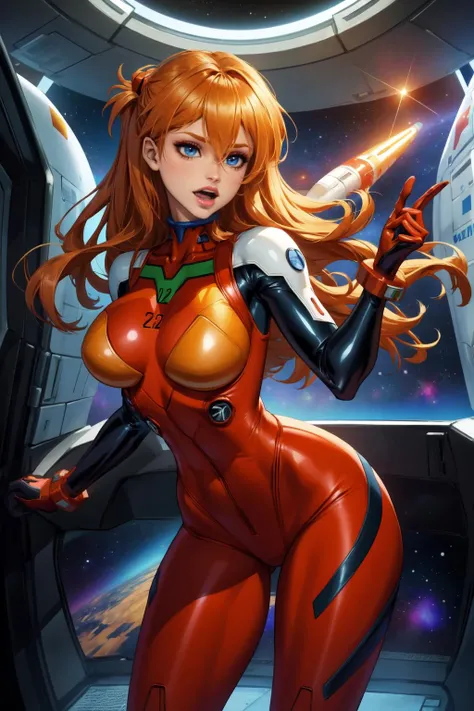 1girl, (solo:1.2), curvy, (masterpiece:1.2), (best quality:1.2), (perfect anatomy:1.4), (standing:1.4), (singing:1.2), energetic, (large breasts:1.2), (cowboy shot:1.4) <lora:Asuka Langley Soryu [AsuraAI - v1.0]:0.85> souryuu_asuka_langley, plugsuit, bodysuit, interface headset, (red bodysuit:1.3), hair between eyes, pilot suit, (technology), (space shuttle interior:1.2), inside, futuristic,, <lora:NeoArtCore [MockAi - v1.0]:0.8> neoartcore, pinup, (soft shading:1.2)