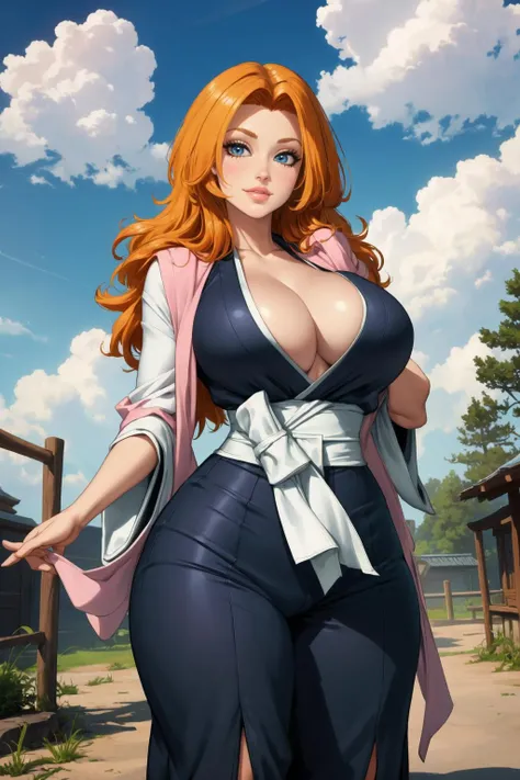 1girl, (solo:1.2), curvy, (masterpiece:1.2), (best quality:1.2), (perfect anatomy:1.4), (standing:1.4), (closed mouth:1.2), smile, (large breasts:1.2), (cowboy shot:1.2), blush, <lora:Matsumoto Rangiku [Goofy_Ai - v1.0]:1> matsumoto rangiku, orange hair, long hair, blue eyes, huge breasts, japanese clothes, cleavage, kimono, sash, (beautiful white clouds:1.3), puffy clouds, white sky, <lora:NeoArtCore [MockAi - v1.0]:0.8> neoartcore, pinup, (soft shading:1.2)