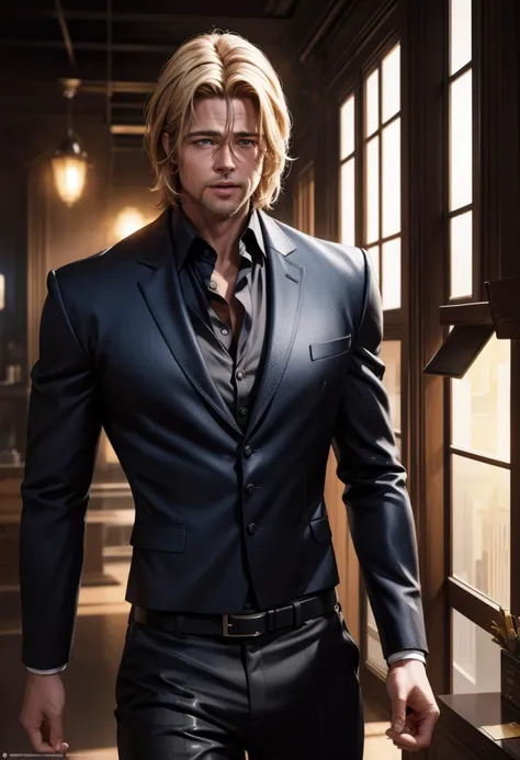cowboy shot, portrait, <lora:locon_bradpitt_v1_from_v1_64_32:1.25>, Brad Pitt, male focus, solo focus, short hair, blond hair, wearing a black suit, white shirt, black tie, black pant, blue eyes, 
<lora:add_detail:0.5>, 
standing, 
indoor, room, 
best quality, high resolution, distinct image, Cinematic light, intricate_detail, highres, official art, finely detailed beautiful face, high-resolution illustration, 8k,  Dynamic Range, tonemapping, crisp details, Beautiful Finger,Beautiful body,Beautiful Nose,Beautiful character design, (perfect eyes),extremely detailed CG unity 8k wallpaper, deviantart hd, artstation hd, concept art, detailed face and body, award-winning photography, margins, detailed face, ,backlight, 12k ultrarealistic, ray tracing, intense gaze, cinematic lighting, art by Grzegorz Rutkowski, embers,  rule of three