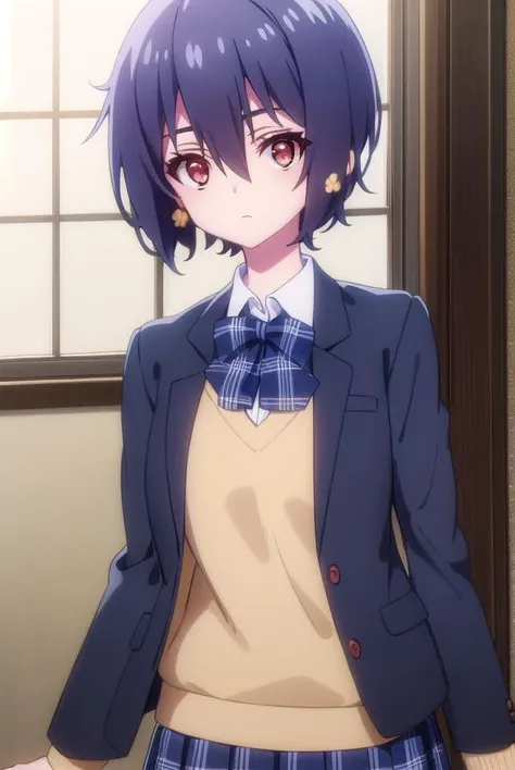 aimizuno, <lora:ai mizuno s2-lora-nochekaiser:1>,
ai mizuno, black hair, hair between eyes, (red eyes:1.5), short hair,
BREAK black jacket, black legwear, black neckwear, black skirt, blazer, brown footwear, collared shirt, flower, hair flower, hair ornament, jacket, loafers, long sleeves, miniskirt, open clothes, open jacket, plaid, plaid neckwear, plaid skirt, pleated skirt, school uniform, shirt, shoes, skirt, sweater, white shirt, wing collar, yellow flower, yellow sweater
BREAK indoors, classroom,
BREAK looking at viewer, (cowboy shot:1.5),
BREAK <lyco:GoodHands-beta2:1>, (masterpiece:1.2), best quality, high resolution, unity 8k wallpaper, (illustration:0.8), (beautiful detailed eyes:1.6), extremely detailed face, perfect lighting, extremely detailed CG, (perfect hands, perfect anatomy),