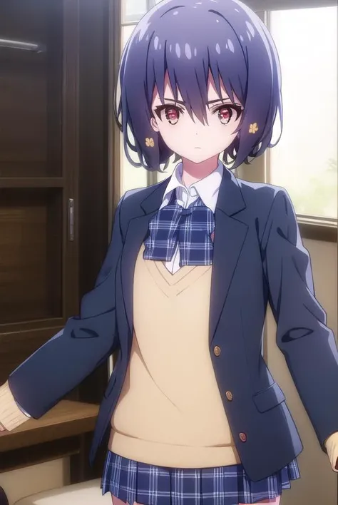 aimizuno, <lora:ai mizuno s2-lora-nochekaiser:1>,
ai mizuno, black hair, hair between eyes, (red eyes:1.5), short hair,
BREAK black jacket, black legwear, black neckwear, black skirt, blazer, brown footwear, collared shirt, flower, hair flower, hair ornament, jacket, loafers, long sleeves, miniskirt, open clothes, open jacket, plaid, plaid neckwear, plaid skirt, pleated skirt, school uniform, shirt, shoes, skirt, sweater, white shirt, wing collar, yellow flower, yellow sweater
BREAK indoors, classroom,
BREAK looking at viewer, (cowboy shot:1.5),
BREAK <lyco:GoodHands-beta2:1>, (masterpiece:1.2), best quality, high resolution, unity 8k wallpaper, (illustration:0.8), (beautiful detailed eyes:1.6), extremely detailed face, perfect lighting, extremely detailed CG, (perfect hands, perfect anatomy),