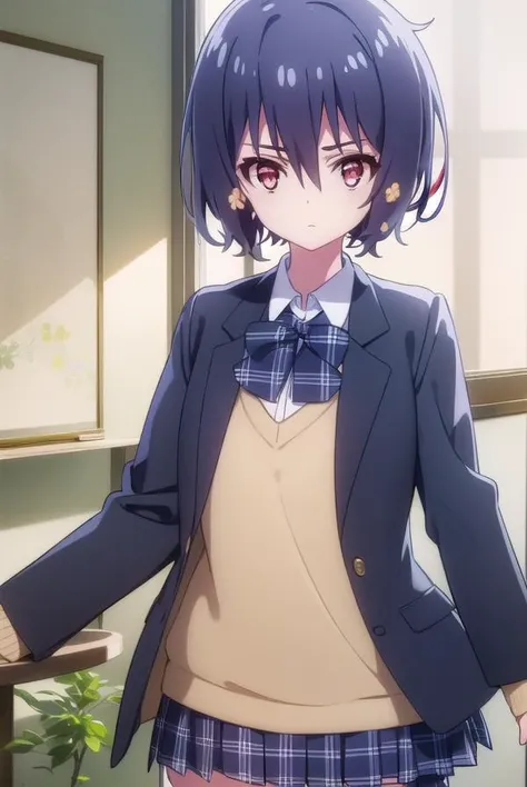 aimizuno, <lora:ai mizuno s2-lora-nochekaiser:1>,
ai mizuno, black hair, hair between eyes, (red eyes:1.5), short hair,
BREAK black jacket, black legwear, black neckwear, black skirt, blazer, brown footwear, collared shirt, flower, hair flower, hair ornament, jacket, loafers, long sleeves, miniskirt, open clothes, open jacket, plaid, plaid neckwear, plaid skirt, pleated skirt, school uniform, shirt, shoes, skirt, sweater, white shirt, wing collar, yellow flower, yellow sweater
BREAK indoors, classroom,
BREAK looking at viewer, (cowboy shot:1.5),
BREAK <lyco:GoodHands-beta2:1>, (masterpiece:1.2), best quality, high resolution, unity 8k wallpaper, (illustration:0.8), (beautiful detailed eyes:1.6), extremely detailed face, perfect lighting, extremely detailed CG, (perfect hands, perfect anatomy),
