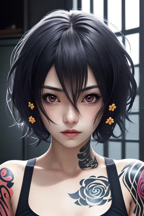 1girl, solo, <lora:aimizuno-lora-nochekaiser:1>, ai mizuno, hair ornament, short hair, red eyes, black hair, hair between eyes, hair flower, small breasts, tattoos, dramatic poses