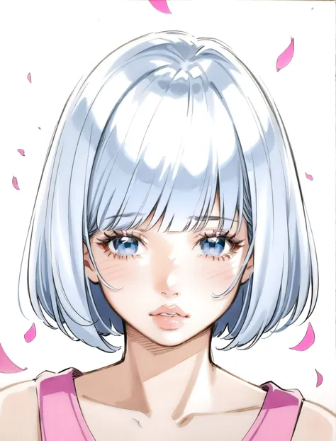 1girl, solo, traditional media, short hair, parted lips, portrait, looking at viewer, bangs, grey hair, blue eyes, collarbone, blush, painting (medium), petals, simple background, lips, watercolor (medium), white background, blunt bangs, eyelashes, bob cut, pink lips, <lora:eisu_2-000032:1>