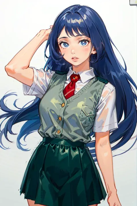 cowboy shot, <lora:eisu:1> traditional media, <lora:hadou_nejire:0.9> bbnejire, blue eyes, blue hair, long hair, large breasts, u.a. school uniform, (gray vest:1.2), red necktie, collared shirt, white shirt, short sleeves, green skirt, blue skirt, (black socks:1.2), loafers,, ultra detailed, masterpiece, best quality, aesthetic, detailed,