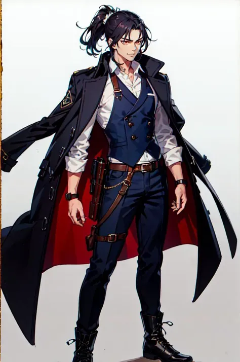 cowboy shot, <lora:eisu:1> traditional media,, ultra detailed, masterpiece, best quality, aesthetic, detailed,, solo, smug smile, 1boy, red eyes, <lora:Tsurime3:0.7>, (tsurime:1.2), black hair, undercut, top knot, parted bangs, long bangs, bangs, short hair, hair intakes, tall,, <lora:StS-Coat-and-Jacket-On-Shoulders-Iteration2:0.7> dataset, jacket on shoulders, (coat on shoulders:1.3), black coat, dress shirt, sleeves rolled up, fingerless gloves, holster, pants, belt, multiple belts, combat boots, bulletproof vest, tactical clothes,