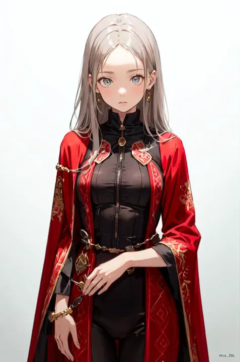 cowboy shot, <lora:eisu:1> traditional media,, ultra detailed, masterpiece, best quality, aesthetic, detailed,, serious, 1girl, (white eyes:1.1), (grey eyes:1.3), white hair, very long hair, parted hair, parted bangs, <lora:parted_hair_v1.3:1.3>, medium breasts,