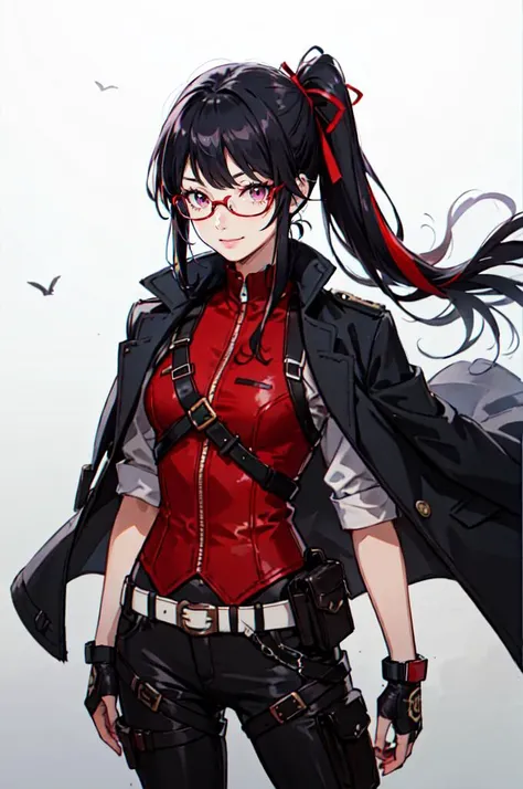 cowboy shot, <lora:eisu:1> traditional media,, ultra detailed, masterpiece, best quality, aesthetic, detailed,, solo, smug smile, 1girl, purple eyes, red-framed eyewear, (black hair, red colored tips:1.2), red streaked hair, very long hair, side ponytail, tied hair, medium breasts,, <lora:StS-Coat-and-Jacket-On-Shoulders-Iteration2:0.7> dataset, jacket on shoulders, coat on shoulders, red dress, sleeves rolled up, fingerless gloves, holster, belt, multiple belts, combat boots, bulletproof vest, pants, black coat, tactical clothes,