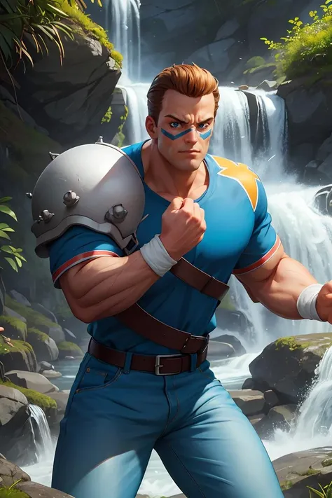 BrianBattler, 1guy, facepaint, blue jersey, chest belt, denim pants, (shoulder armor:1.1), fighting pose, at the waterfall, looking to viewer, natural lighting, detailed face, detailed eyes, masterpiece, high_res, perfect face, High detailed,,strong muscles, <lora:BrianBattler-byDocStasis:1>