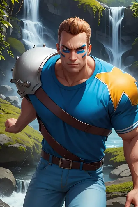 BrianBattler, 1guy, facepaint, blue jersey, chest belt, denim pants, (shoulder armor:1.1), fighting pose, at the waterfall, looking to viewer, natural lighting, detailed face, detailed eyes, masterpiece, high_res, perfect face, High detailed,,strong muscles, <lora:BrianBattler-byDocStasis:1>