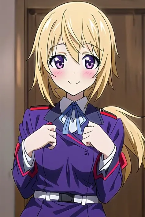 masterpiece, best quality,ultra detail, <lora:anmnr01:0.3> <lora:add_detail:0.5>,<lora:GoodHands-vanilla:0.8>, <lora:Charlotte Dunois_20230922192838:0.8>,charlotte dunois,1girl,solo,blonde hair,long hair,purple eyes,low ponytail,blush,uniform,smile,facing viewer
