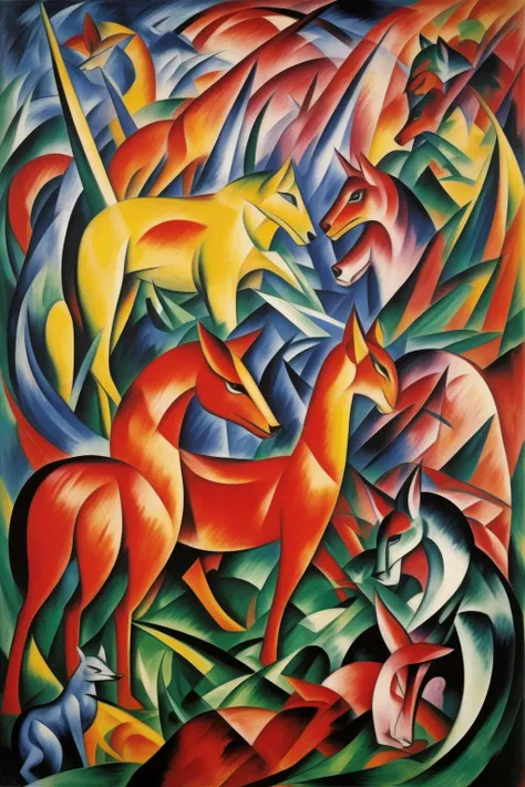 <lora:Natalia Goncharova Style:1>Natalia Goncharova Style - colourful painting of animals of the wood in the underwood in style franz marc