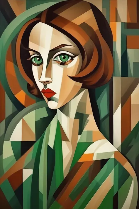 <lora:Natalia Goncharova Style:1>Natalia Goncharova Style - A beautigul girl with brown hair and green eyes. Cubist style