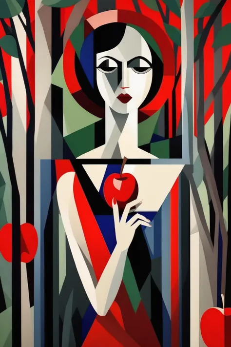 <lora:Natalia Goncharova Style:1>Natalia Goncharova Style - A woman and an apple in a forest in the style of Constructivism